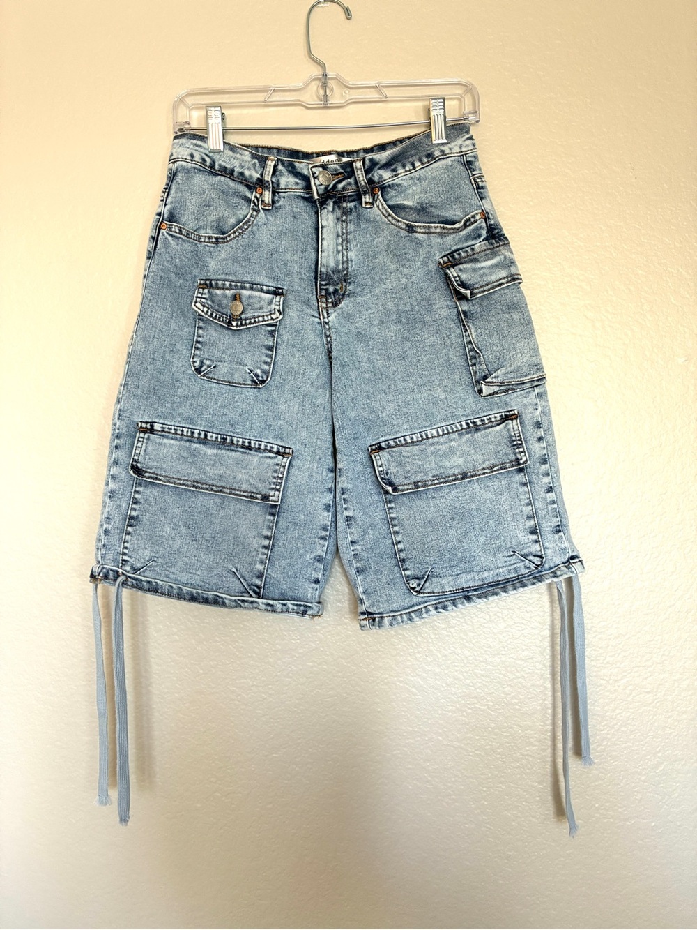 Madden Girl Light Wash Denim Cargo Jorts with 8 Utility Pockets Y2K Streetwear